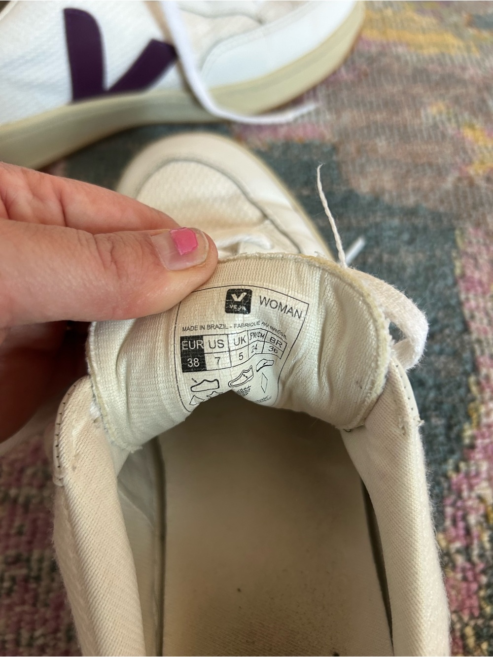 Veja V-12 White Leather Sneakers with Purple V and Yellow Heel Tab - Picture 8 of 8